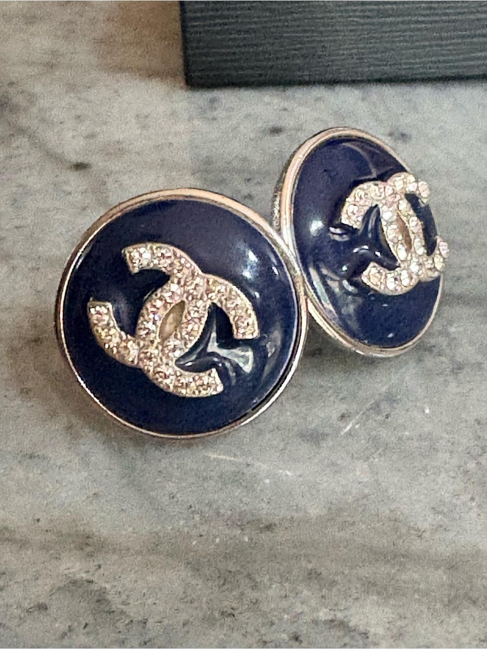 CHANEL Navy Enamel and Strass CC Button Stud Earrings